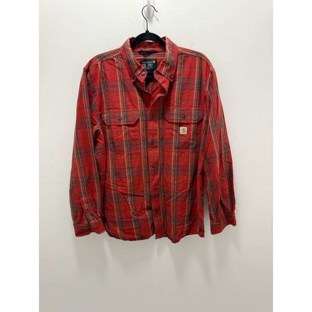 Carhartt Mens Loose Fit Red Plaid Long Sleeve Button Down Shirt TW4447-M Medium